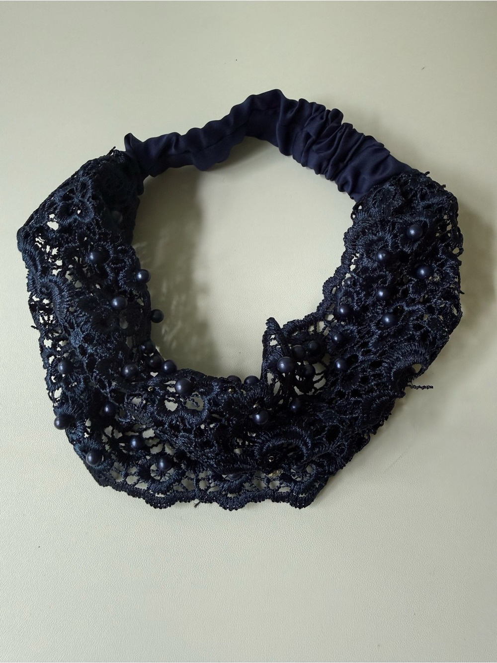 Navy Lace & Bead Elastic Headband